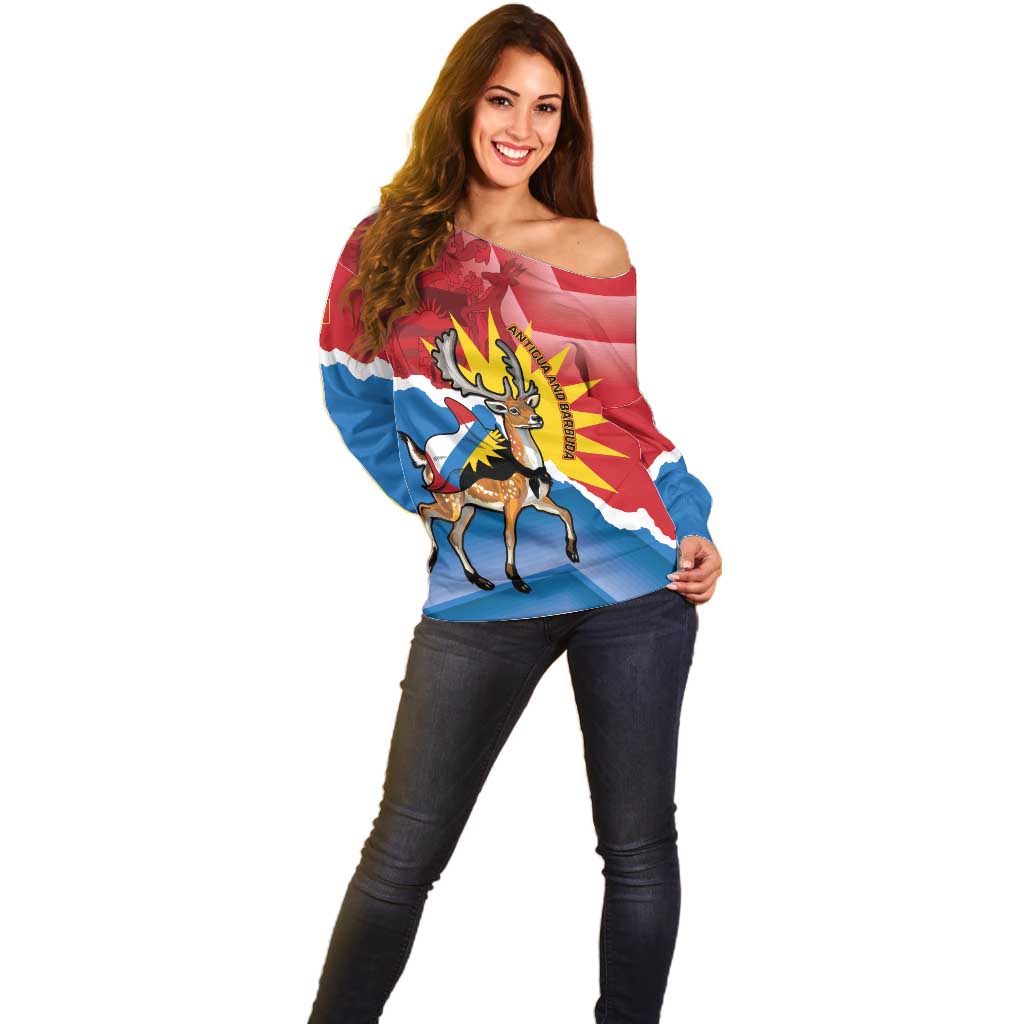 Women's off-shoulder sweater with flag-style red, blue, and white print and deer graphic
