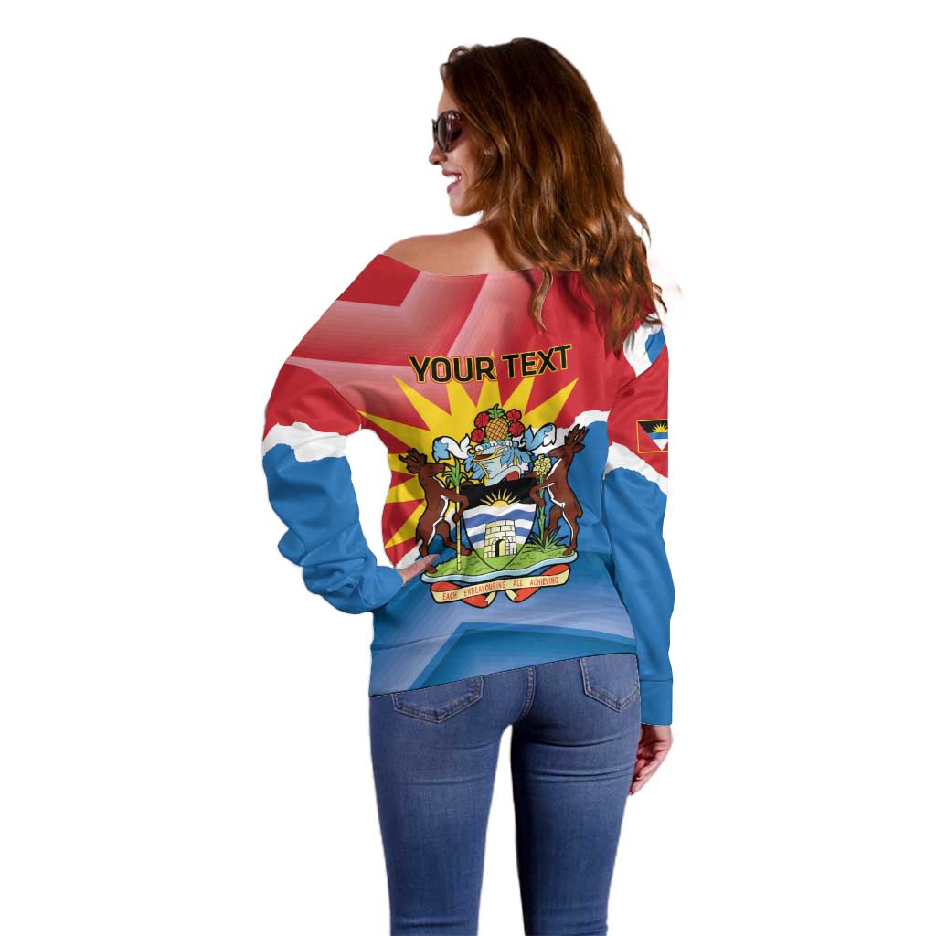 Women's off-shoulder sweater back view with 'YOUR TEXT' personalization and flag deer print