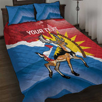 Antigua flag quilt bed set with printed deer, blue pillows, and Your Text center