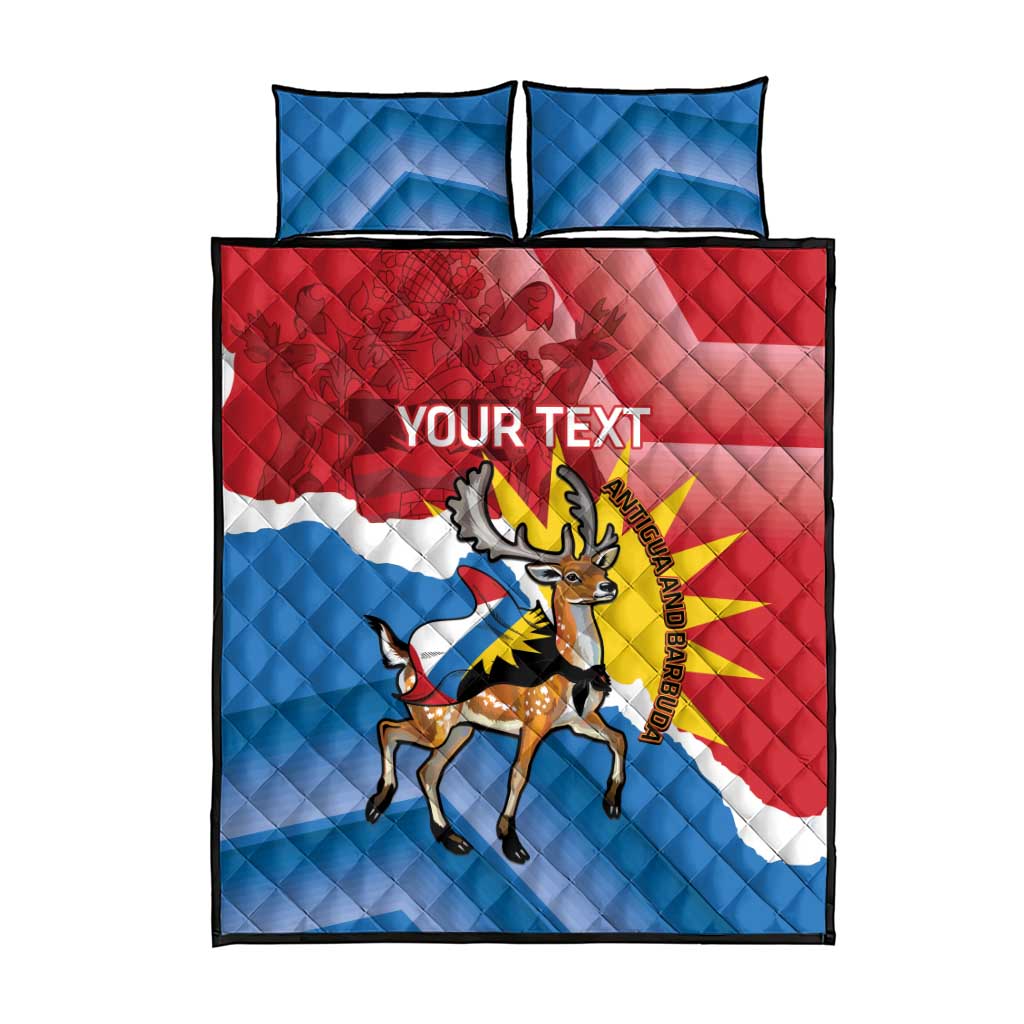 Antigua flag quilt bed set with printed deer and two blue pillows, Your Text on quilt
