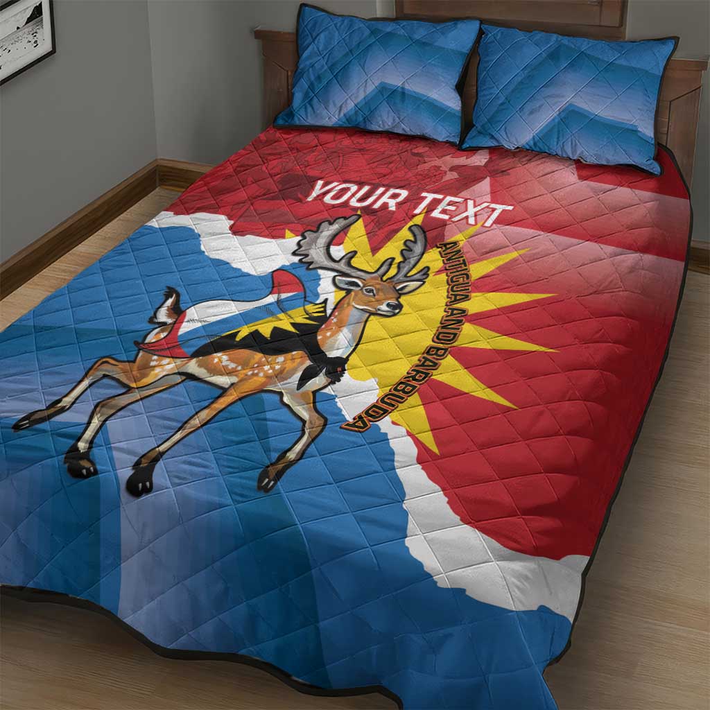 Antigua flag quilt bed set with printed deer figure, two blue pillows, Your Text