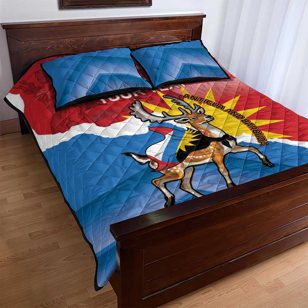 Antigua flag quilt bed set with deer graphic, two blue pillows, Your Text headline