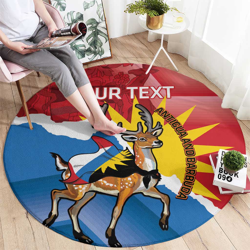 Round rug with central running deer on Antigua and Barbuda flag, “YOUR TEXT”