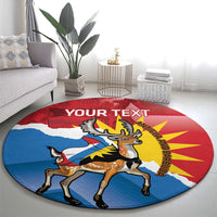 Round rug with deer graphic and Antigua and Barbuda flag in red, blue, yellow, “YOUR TEXT”