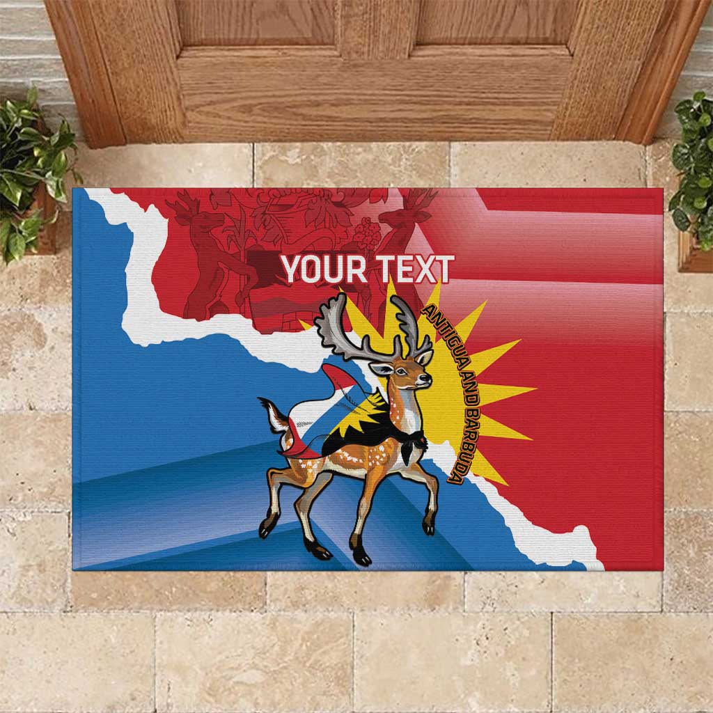 Red rubber doormat with centered Antigua flag graphic, deer illustration and 'YOUR TEXT'