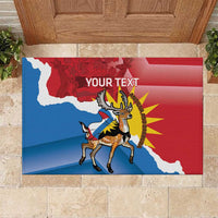 Red rubber doormat with centered Antigua flag graphic, deer illustration and 'YOUR TEXT'