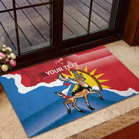 Red rubber doormat with Antigua flag design and jumping deer, custom text area