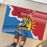 Red rubber doormat with Antigua flag and deer artwork, custom 'YOUR TEXT' centered