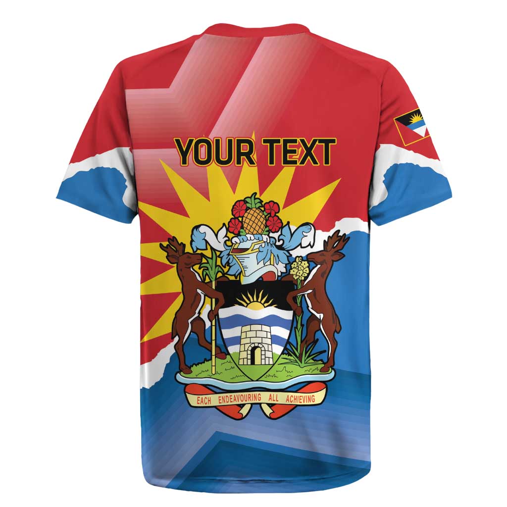 Red rugby jersey back with YOUR TEXT and Antigua & Barbuda crest, flag pattern