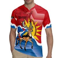 Red rugby jersey front with deer graphic and Antigua & Barbuda vertical crest
