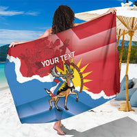 Red personalized sarong with deer and Antigua/Barbuda flag, 'YOUR TEXT' design