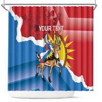 Red shower curtain with Antigua & Barbuda flag design, fawn deer graphic, and banner