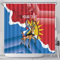 Red shower curtain with blue ocean gradient, fawn deer artwork, and 'YOUR TEXT'
