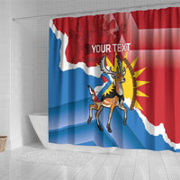 Shower curtain with red-and-blue flag stripes, fawn deer graphic, and 'YOUR TEXT' text