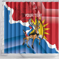 Red shower curtain panel with flag silhouette, deer illustration, and 'YOUR TEXT'