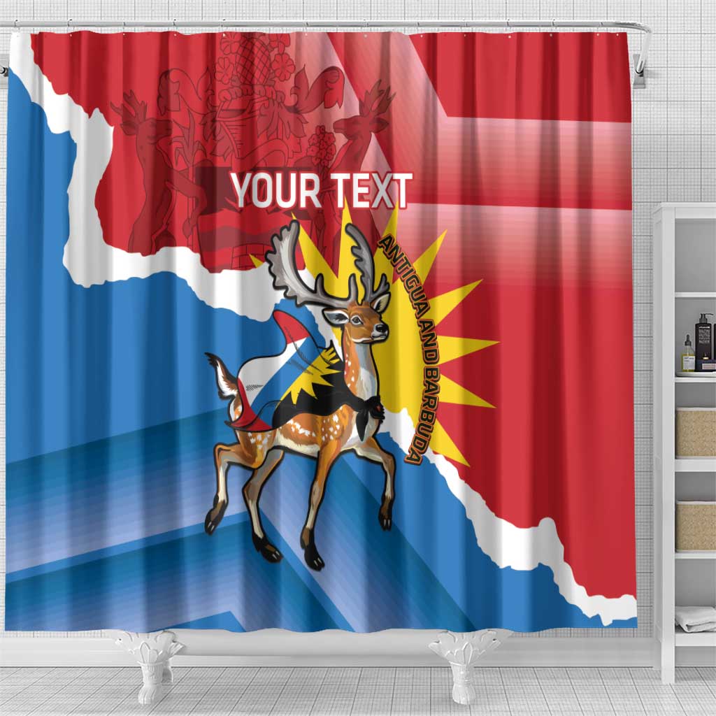 Red shower curtain with centered fawn deer, flag rays background, and 'YOUR TEXT'