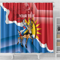Red shower curtain with centered fawn deer, flag rays background, and 'YOUR TEXT'
