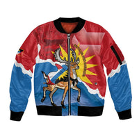 Red and blue zip bomber jacket with Antigua coat of arms graphic and ribbed cuffs