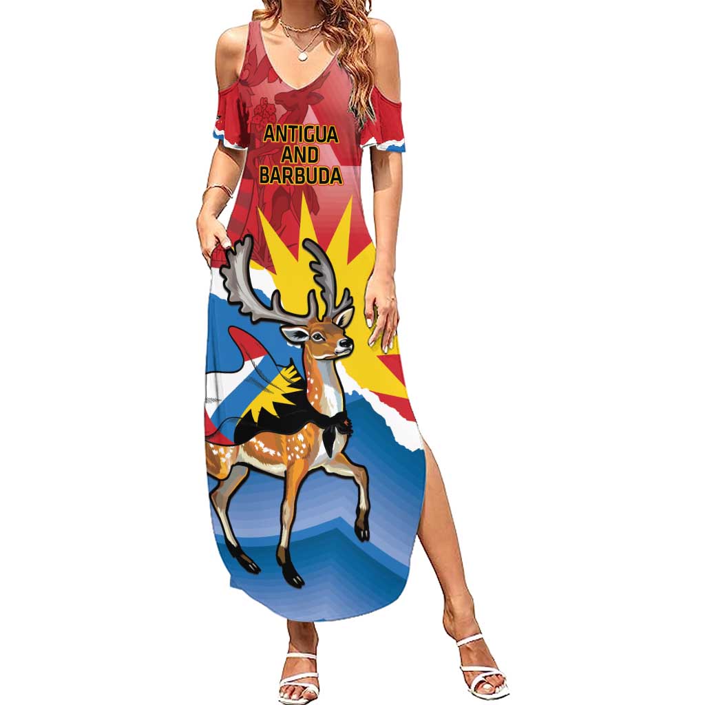 Personalised Antigua and Barbuda Independence Day Summer Maxi Dress Fallow Deer With Flag - Wonder Print Shop