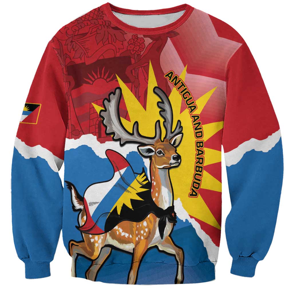Red and blue sweatshirt with deer graphic and Antigua and Barbuda flag print