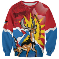 Red and blue sweatshirt with deer graphic and Antigua and Barbuda flag print