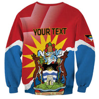 Red sweatshirt with 'YOUR TEXT' back print, deer and crest over flag design