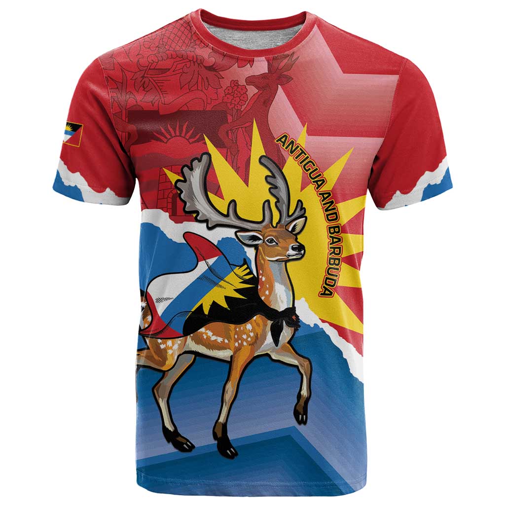 Personalised Antigua and Barbuda Independence Day T Shirt Fallow Deer With Flag - Wonder Print Shop