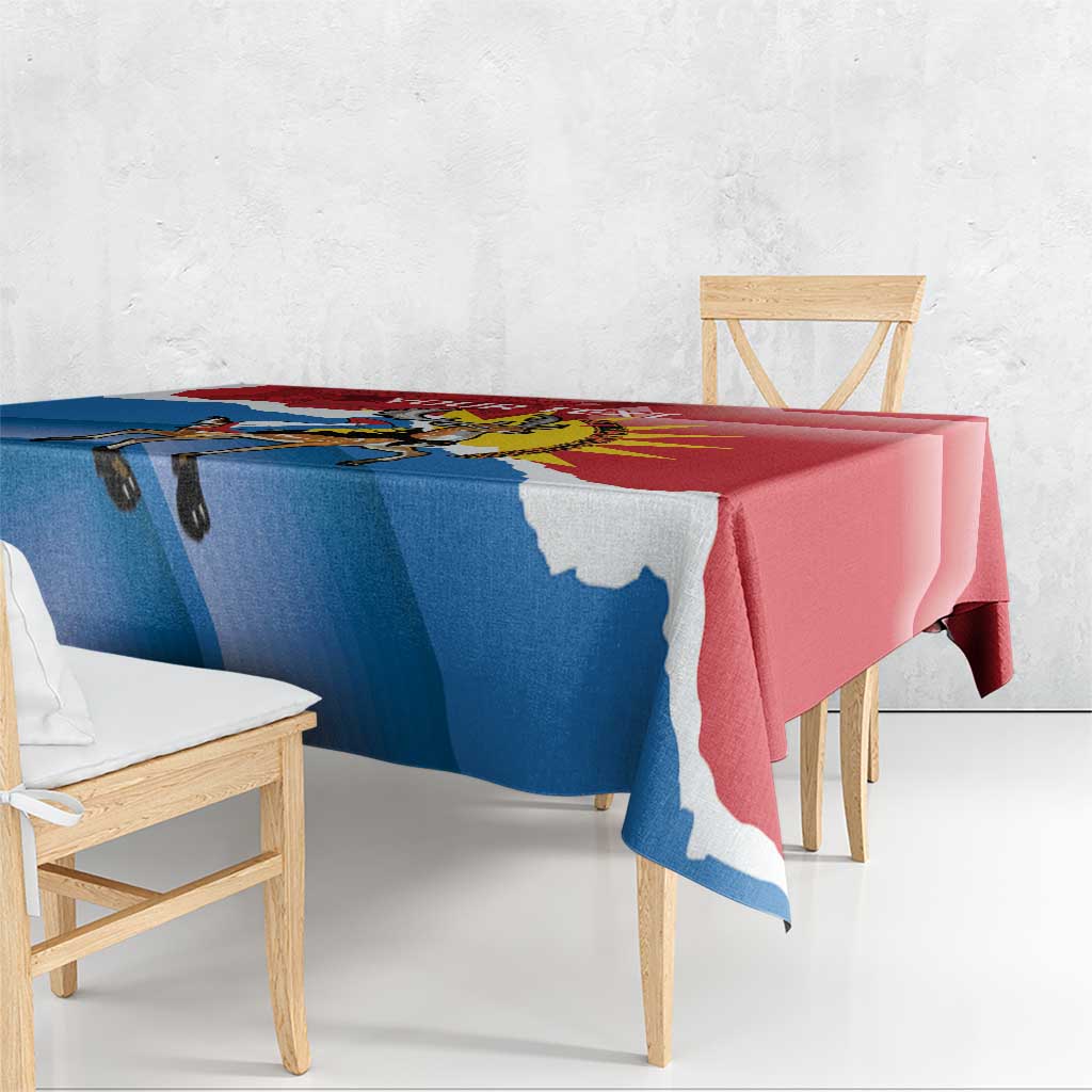 Antigua and Barbuda flag tablecloth with deer graphic, red/blue draped over table