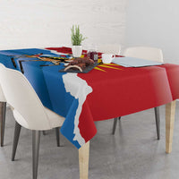 Antigua and Barbuda flag tablecloth with deer graphic, red/blue and white island silhouette
