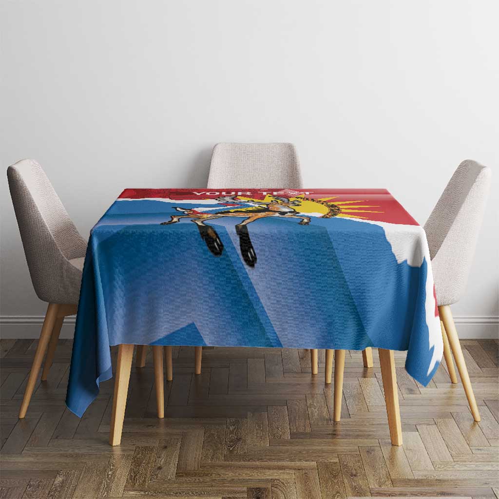 Antigua and Barbuda flag tablecloth with deer graphic, red/blue design