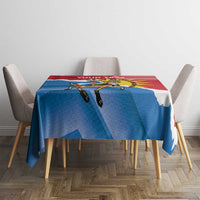 Antigua and Barbuda flag tablecloth with deer graphic, red/blue design