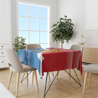 Antigua and Barbuda flag tablecloth with deer graphic, red/blue and white island details