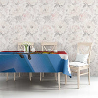 Antigua and Barbuda flag tablecloth with deer graphic in red/blue with white border