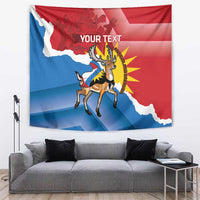 Personalized independence day tapestry with red-blue flag design, deer centered, YOUR TEXT