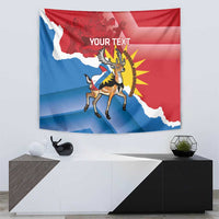 Personalized independence day tapestry with flag, deer in front of sunburst, YOUR TEXT