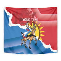 Personalized independence day tapestry, close view of deer and rays on red-blue flag, YOUR TEXT