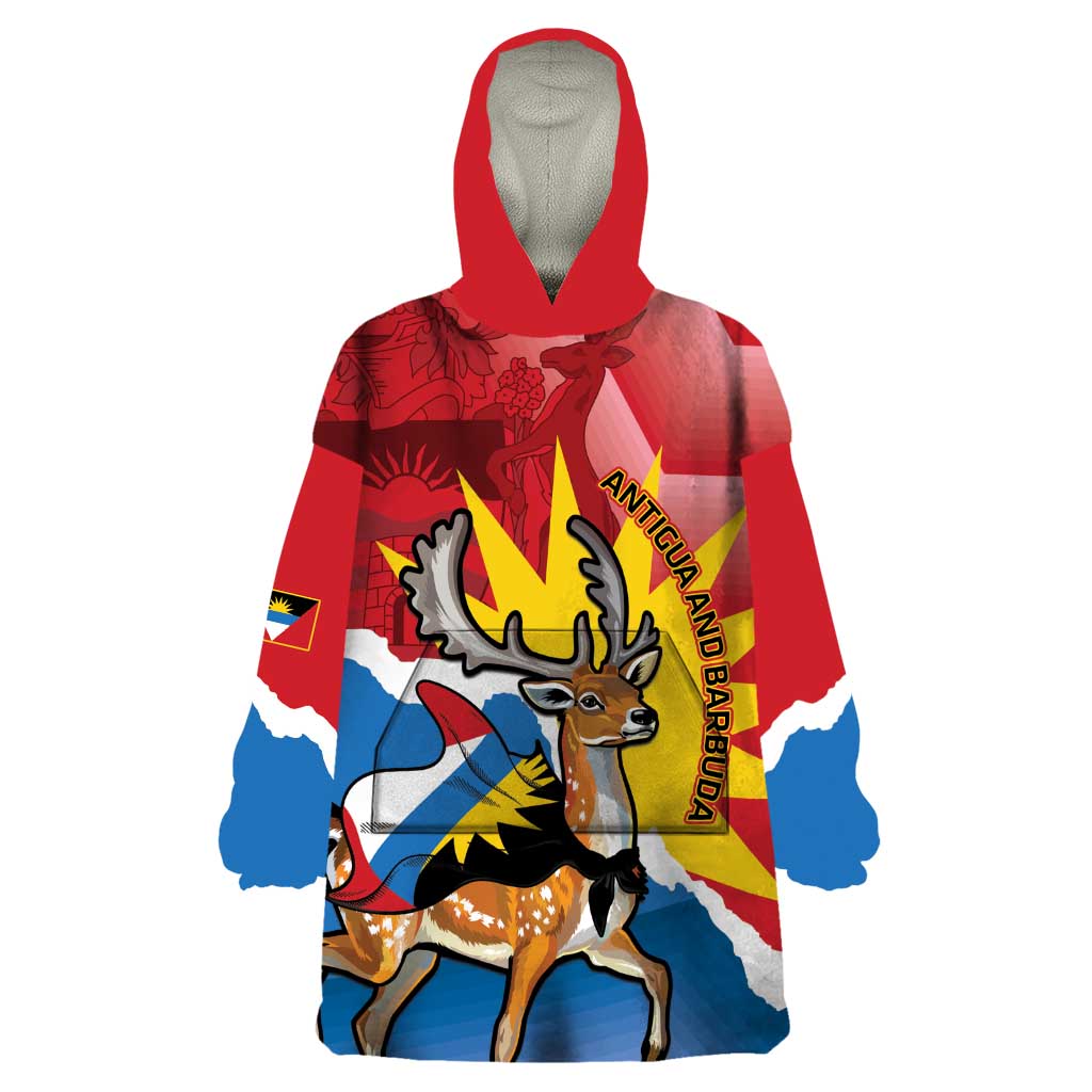 Personalised Antigua and Barbuda Independence Day Wearable Blanket Hoodie Fallow Deer With Flag - Wonder Print Shop