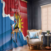 Hanging curtain with red, blue, and white flag stripes, deer mascot, and custom text