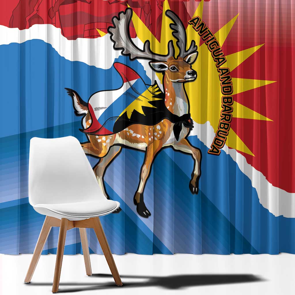 Close-up curtain view with deer mascot over Antigua-style flag print and “Antigua and Barbuda”
