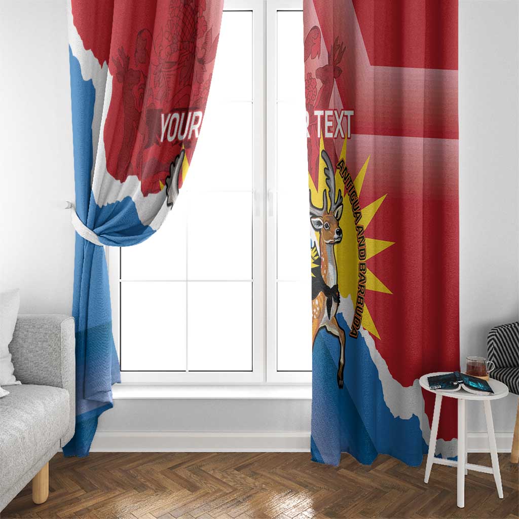 Curtain beside window featuring Antigua-style flag colors, deer artwork, and “YOUR TEXT”