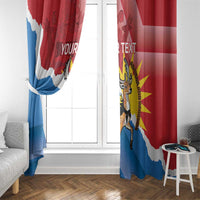 Curtain beside window featuring Antigua-style flag colors, deer artwork, and “YOUR TEXT”