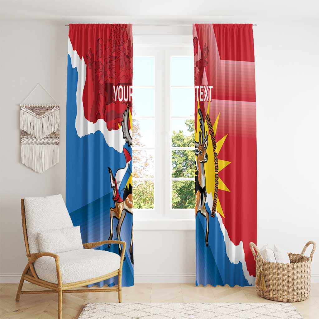 Living-room setup with hanging curtains showing flag colors, deer mascot, and “YOUR TEXT”