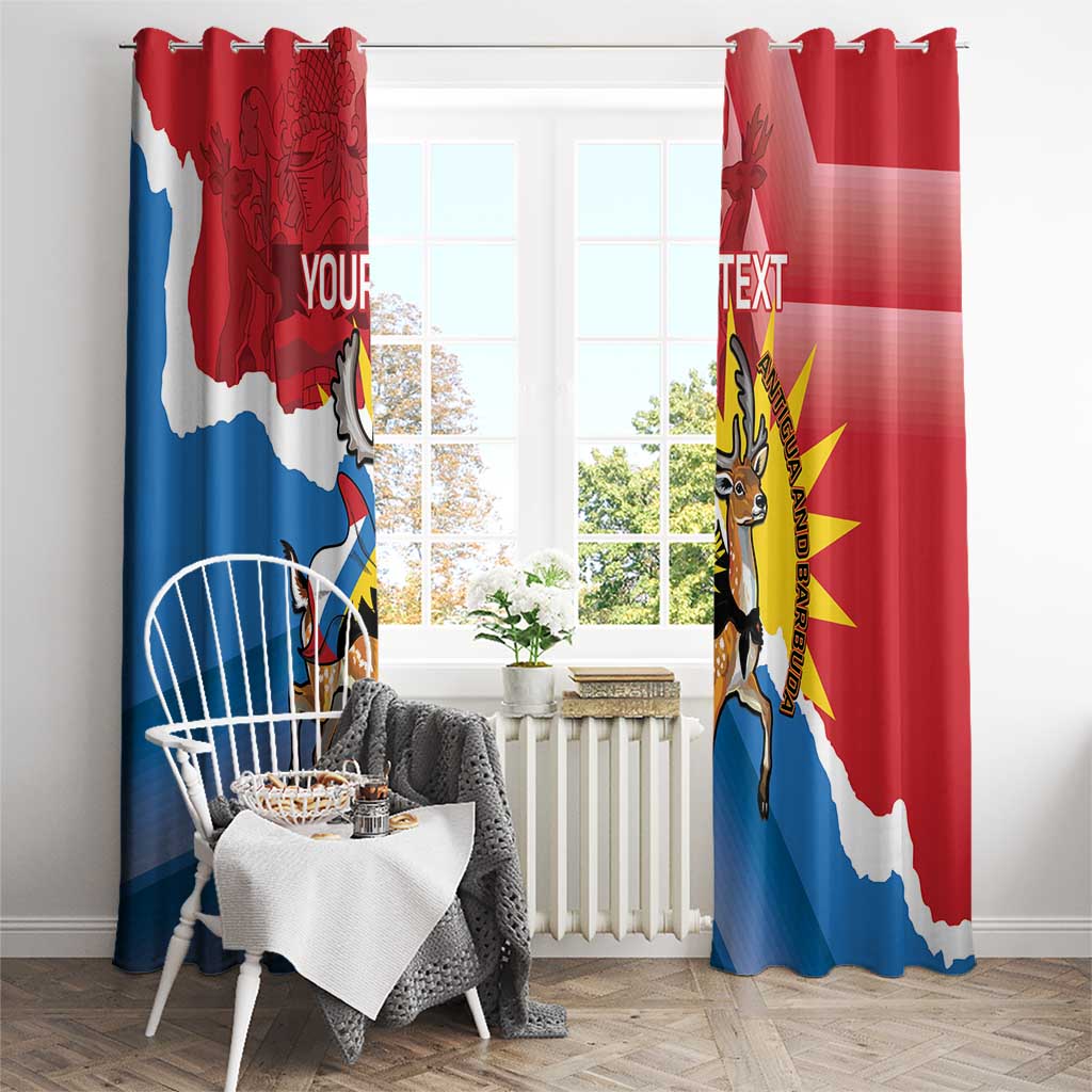 Hanging window curtains with Antigua-style flag print, deer artwork, and “YOUR TEXT” panel