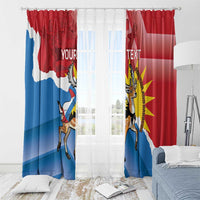 Pair of hanging window curtains with red and blue flag design, deer mascot, and “YOUR TEXT”