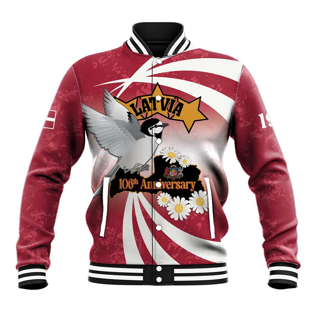 Red baseball jacket with white striped ribbing and Latvia 106th anniversary bird graphic.