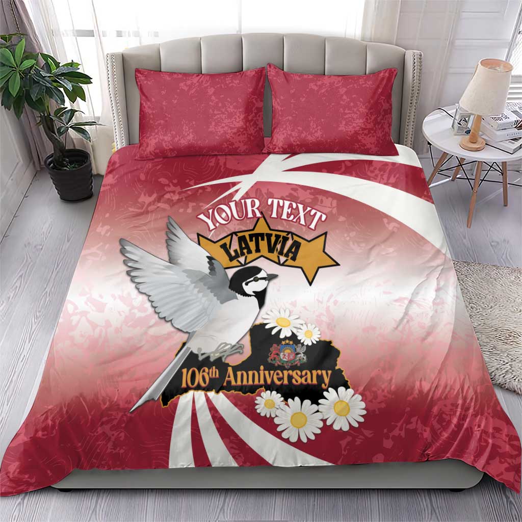Red and white duvet cover bedding set with bird, flowers, and “Your Text” panel, two pillows