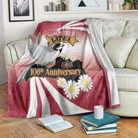Latvia independence day blanket, red/white with bird, star, daisies and 106th Anniversary