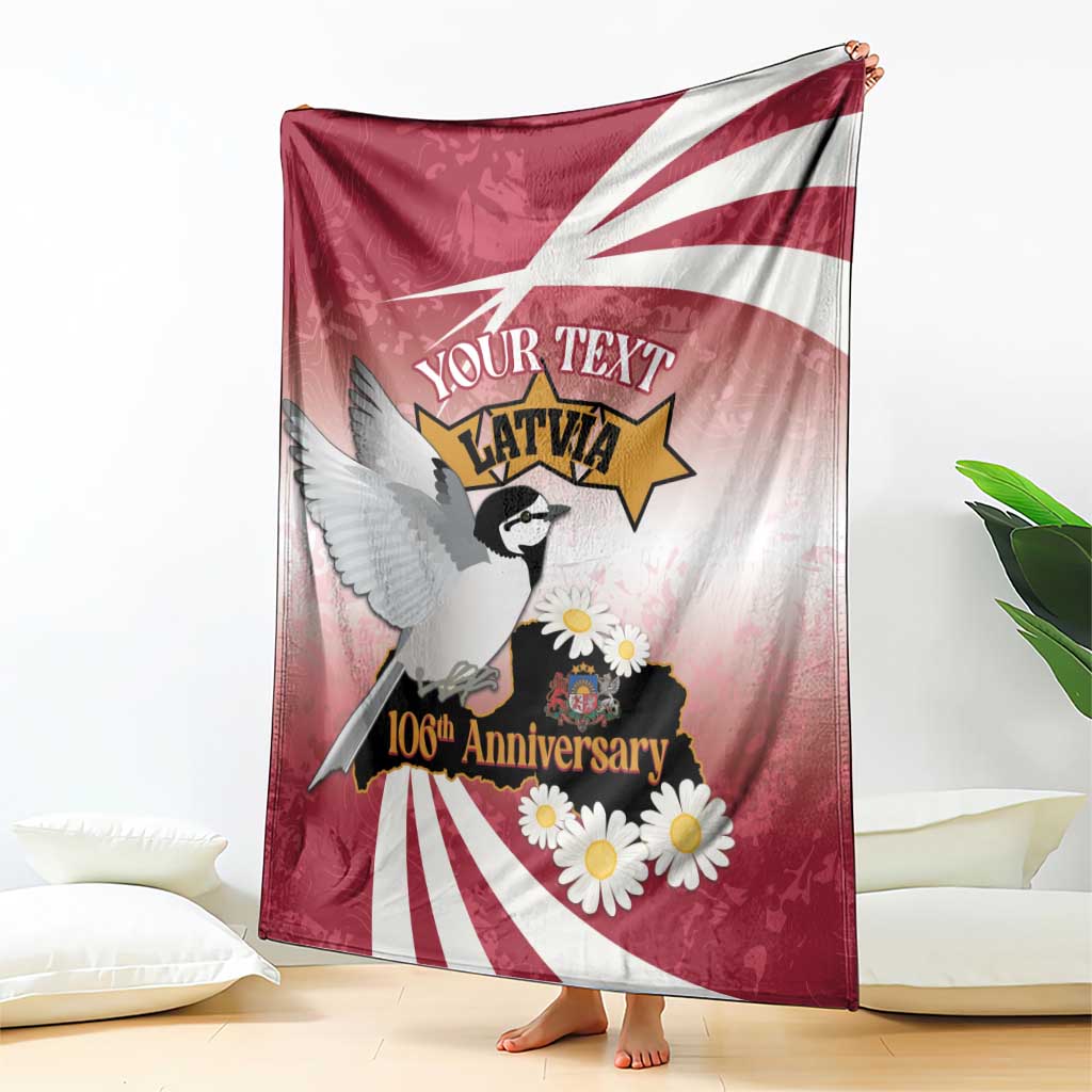 Latvia independence day blanket, red/white, bird, star, daisies, YOUR TEXT