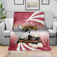 Latvia independence day blanket, red/white design with bird, star, daisies, YOUR TEXT