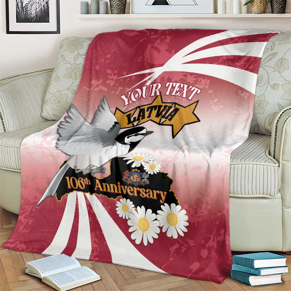 Latvia independence day blanket with bird and daisies, red/white map-styled rays, YOUR TEXT